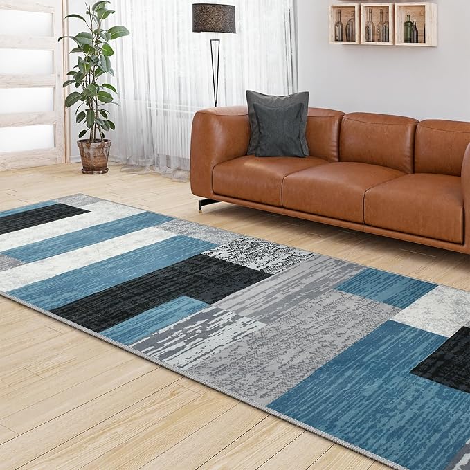 Indoor Runner Rug, Washable Runner Rug with Rubber Backing, Modern Geometric Patchwork Aesthetic Carpet for Bedroom, Living Room, Hallway, Entryway, Washable Rug Rockwood Collection, 2x6 Ft Blue