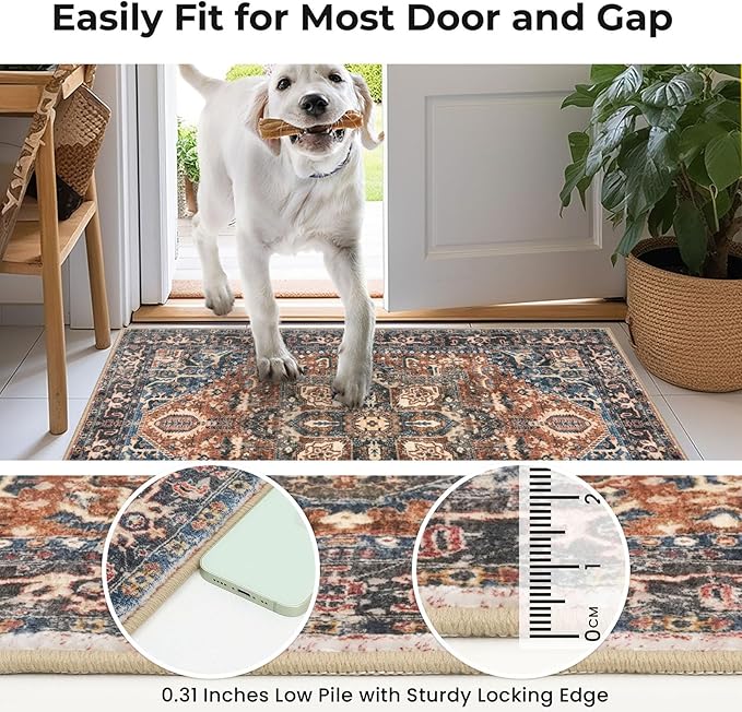 KOZYFLY Runners for Hallways 2x6 Ft Washable Kitchen Runner Rug Boho Runner Rug for Entryway Indoor Printed Oriental Faux Wool Floor Carpet Runner for Bedroom Kitchen Hall, Red/Navy Blue/Brown