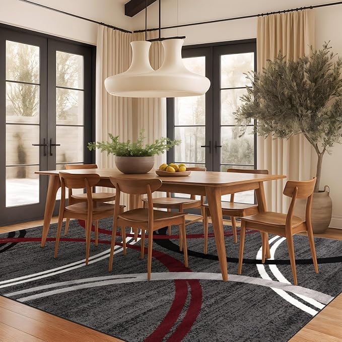 Rugshop Modern Wavy Circles Design Non-Shedding Area Rug, Carpet for Living Room, Dining Room, or Bedroom, Red, 7'10" x 10'2"