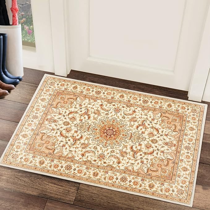 COMSLE Boho Area Rug, 2 x 3 Ft Machine Washable Rugs for Entryway Faux Wool Small Rugs Distressed Throw Rug Non-Slip Floor Carpet for Indoor Bedroom Kitchen Living Room