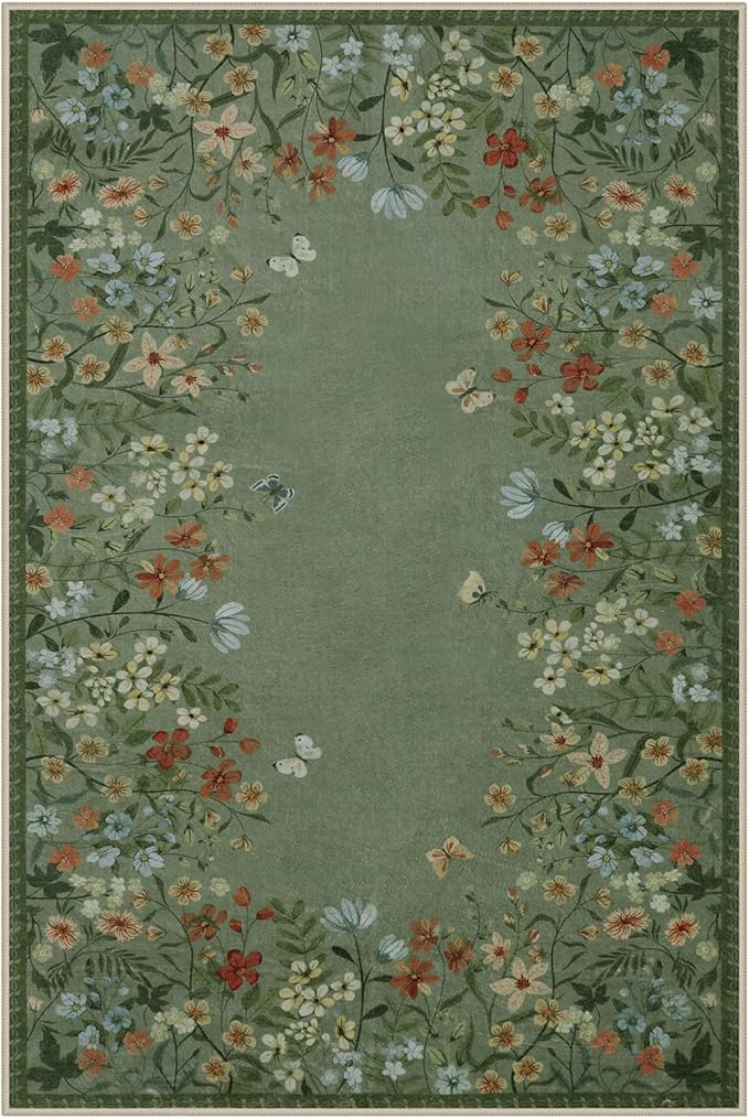 Wonnitar Washable Area Rug 6x9, Green Floral Living Room Rugs, Non-Slip Soft Dining Room Table Rug, Botanical Bedroom Rug Floor Carpet for Mud Room Basement (Green,6'x9')