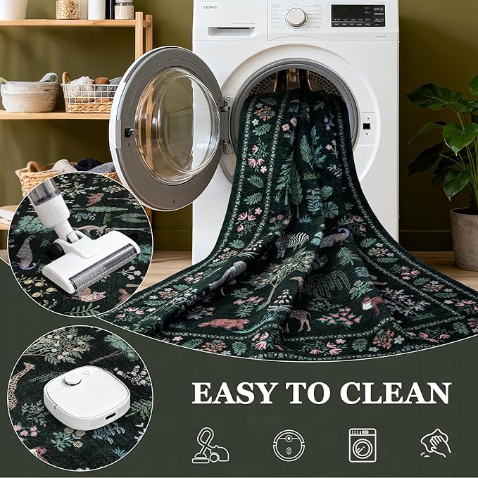9x12 Area Rugs Living Room Rug: Vintage Washable Rug Floral Soft Carpet Indoor Floor Non-Slip Boho Stain Resistant Large Carpets for Bedroom Kids Nursery Dining Room Farmhouse Home Office Green