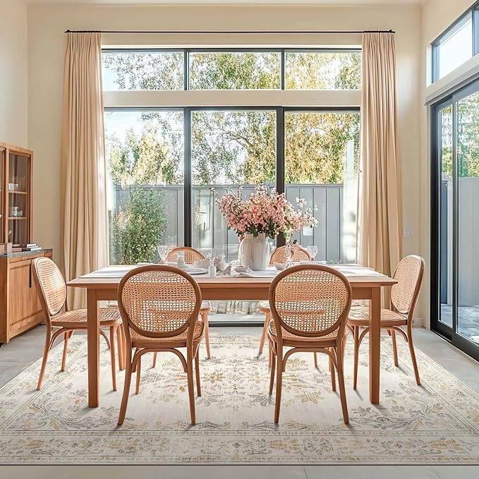 jinchan Vintage Floral 6x9 Area Rug for Living Room - Machine Washable Distressed Design Soft Throw Rug Ultra-Thin Non-Slip Large Carpet for Bedroom Nursery Dining Room Home Office (6x9ft, Light Grey)