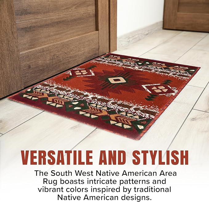 YHSF South West Native American Area Rug C318 - Easy Clean, Thick, Soft, Durable Native Tribal American Indian Inspired Rug for Bedroom/Living Room and More - Rust, 5 Feet x 7 Feet