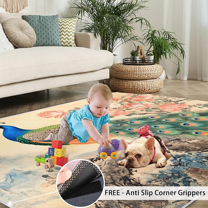 Peacock Peony Flower Area Rug 3x4-3x4 Rug, Classic Peacock Peony Rugs for Living Room, Oriental Carpet, Floral Animal Washable Area Rugs for Bedroom, Aesthetics Carpet - Peafowl Home Decor & Gifts