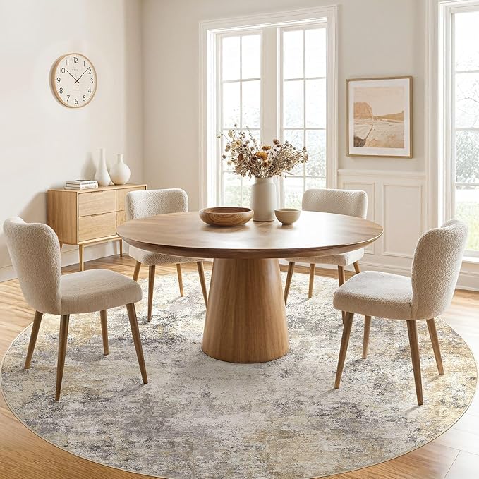 8ft Round Area Rug Living Room Rugs - 8x8 Washable Neutral Modern Abstract Soft Thin Rug Indoor Floor No Slip Rug Carpet for Bedroom Under Dining Table Home Office Decor - Golden Grey