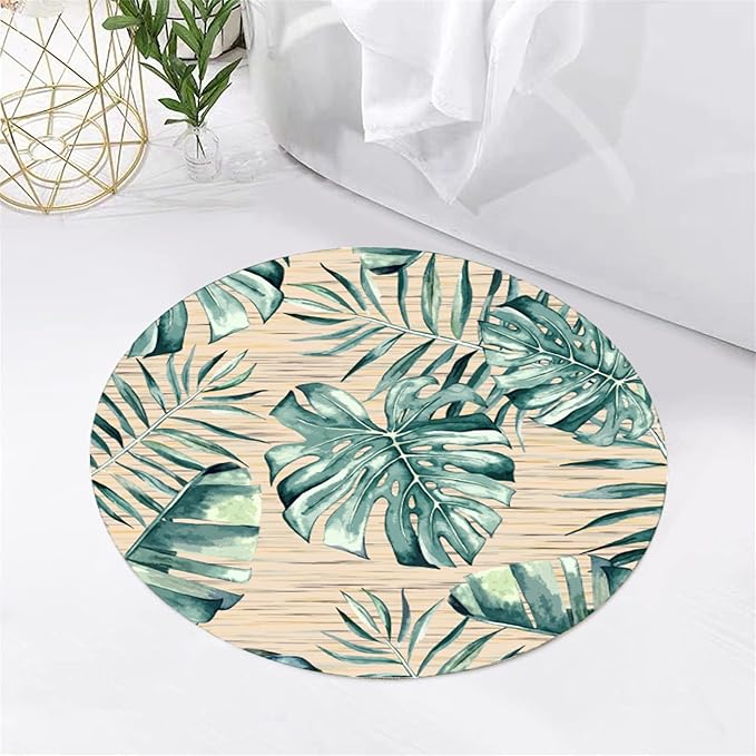 Tropical Leaf Round Area Rug 5ft - Green Beige Watercolor Design Indoor Carpet, Soft Non-Slip Floor Mat for Living Room Bedroom Office, Easy Clean Modern Decor