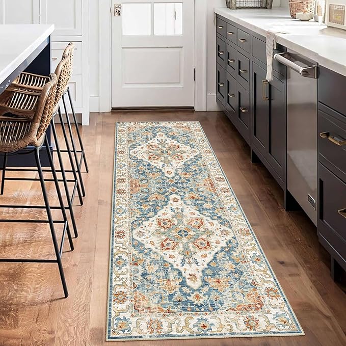 Enkor Runner Rugs for Hallway, 2x6 Washable Soft Non Slip Floor Rugs for Kitchen, Modern Mat for Living Room Bedroom Entryway Orange & Blue