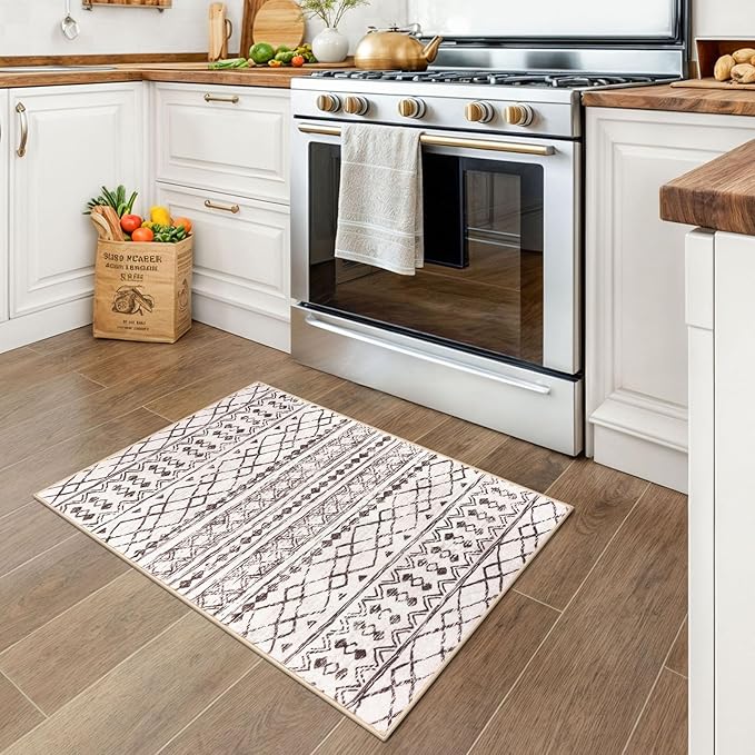 KUTA Moroccan Kitchen Rugs, 2x3 Brown Cream Entryway Rug Non-Slip Washable Small Indoor Door Mat, Ultra Soft Print Vintage Geometric Low-Pile Floor Carpet for Indoor, Entrance, Kitchen