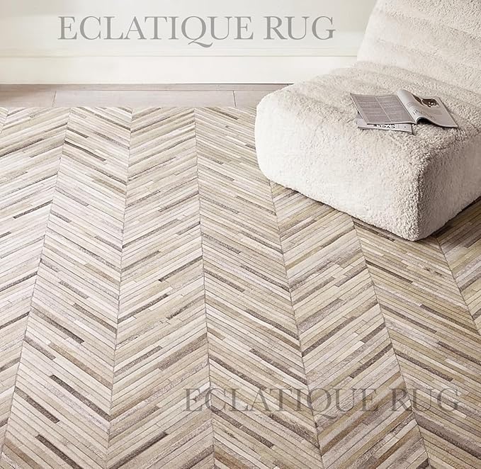 Elegant Rectangular Rug Cowhide Leather Stylish Non Slip Chevron Patchwork Area Rug for Living Room and Home Décor Floor Carpet (Beige-2.5X 12 ft)