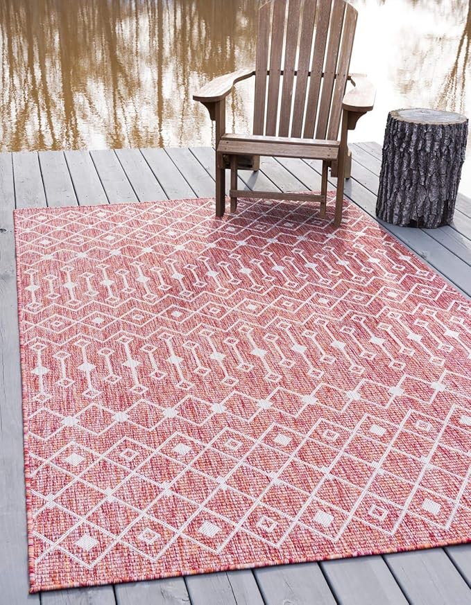 Unique Loom Outdoor Trellis Collection Area Rug - Tribal Trellis (7' 10" x 11' 4" Rectangle, Rust Red/ Ivory)