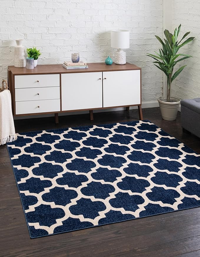 Rugs.com Lattice Collection Rug – 10 Ft Square Dark Blue Medium-Pile Rug Perfect for Living Rooms, Kitchens, Entryways