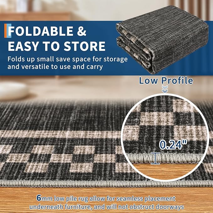GarveeHome Modern Bordered 9x12 Area Rugs for Living Room Bedroom Soft Washable Large Bedroom Throw Carpet Non Slip Checkered Geometric Rugs for Dining Room Home Decor Office, Black