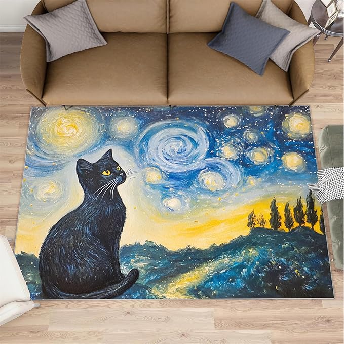 Black Cat Rugs for Bedroom - 5x7 Area Rug - Starry Sky Countryside Rugs for Living Room, Vintage Oil Painting Art Rug, Washable Home Decor Carpet