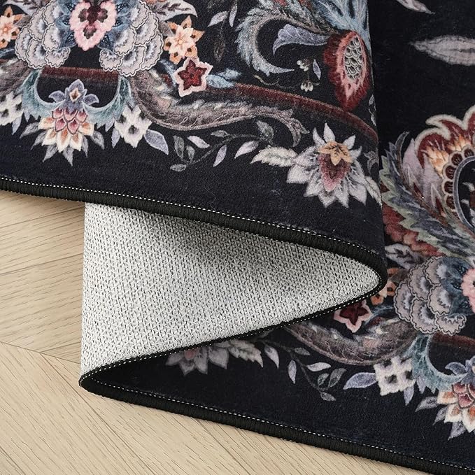 Rugcomf Vintage Paisley Rugs for Bedroom 4'x6' - Machine Washable Area Rug, Non-Slip Low Pile Floral Carpet for Girl/Boys Room, Living Room, Kids, Entry - Black