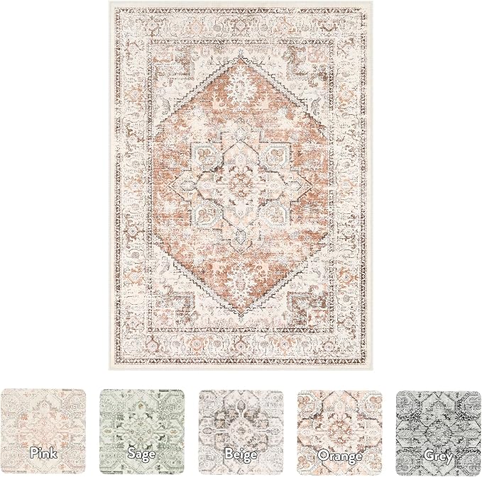 LIVEBOX 5x7 Area Rugs for Living Room, Washable Nursery Orange Boho Rug Soft Non-Slip, Low-Pile Vintage Medallion, Retro Faux Wool for Dining Room, Bedroom, Office