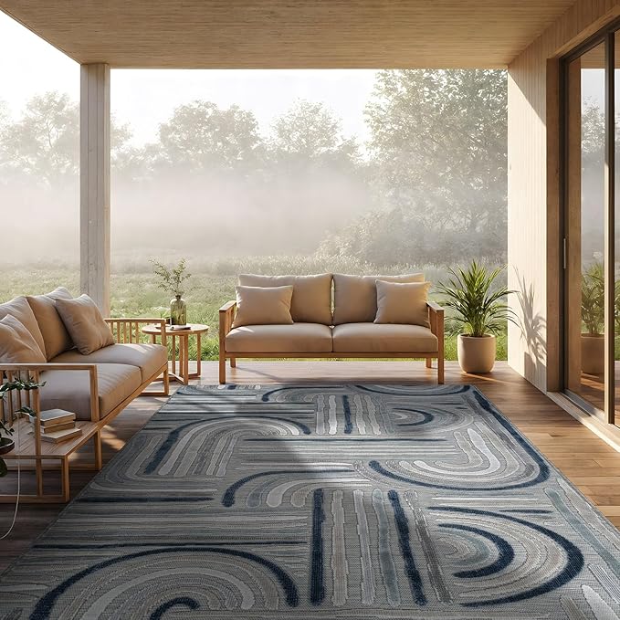 CAMILSON Indoor Outdoor Rug, Blue 8x10 Geometric Arch Striped Area Rugs for Patio and Home Areas, Easy-Cleaning Non-Shedding Living Room, Garden and Deck Washable Outside Carpet (8 x 10)