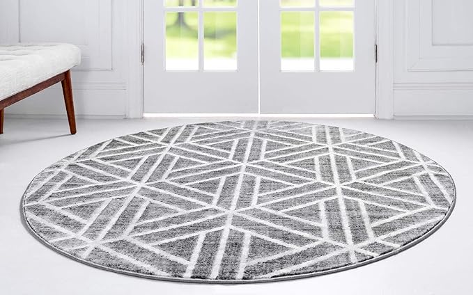 Rugs.com Lattice Trellis Collection Rug – 3 Ft Round Gray Low-Pile Rug Perfect for Kitchens, Dining Rooms