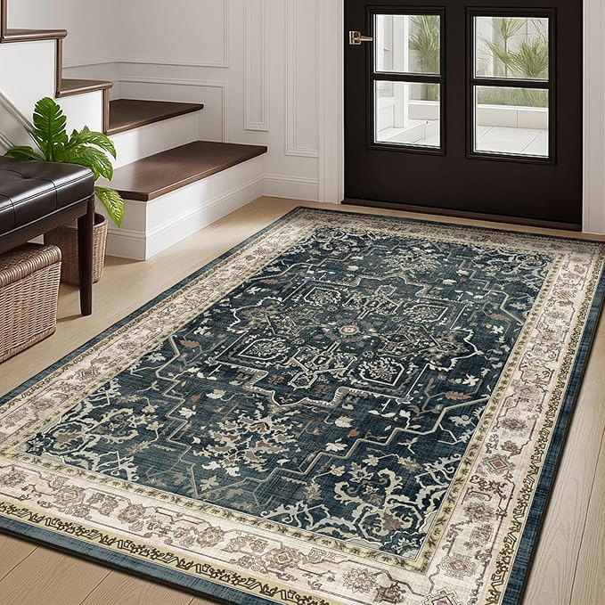 Vintage 5x8 Area Rugs for Living Room Bedroom Non Slip Washable, Dark Medallion Distressed Printed Low Pile Thin Carpet Rugs for Dining Room/Kitchen/Home Office, Midnight/Multi
