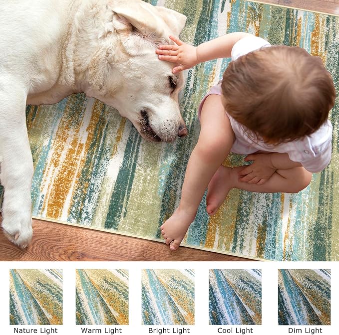 Modern Abstract Runner Rug 2x6, Green Mustard Multi Washable Kitchen Runner Non-Slip Soft Hallway Rug Runner Thin Print Faux Wool Carpet for Entryway Bedroom Laundry Room Indoor Home Decor