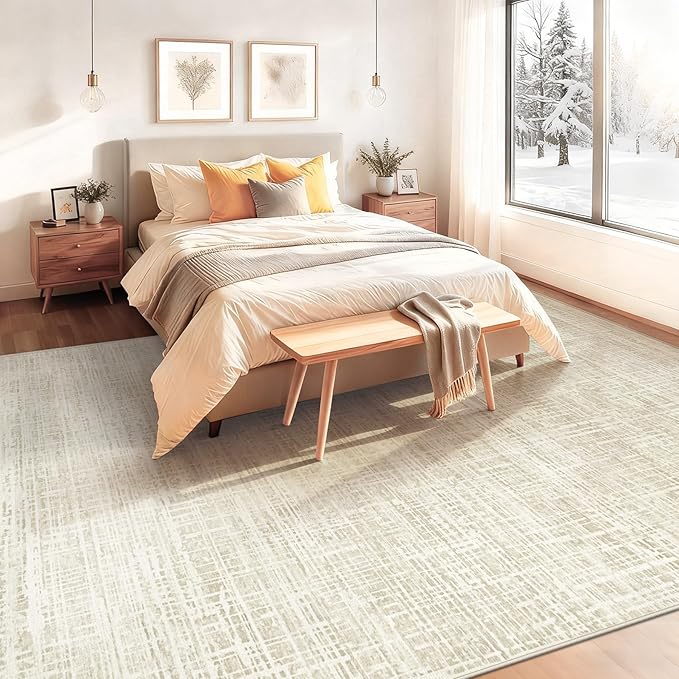 9x12 Area Rugs for Living Room, Washable Large Area Rug Neutral Modern Abstract Bedroom Rug Soft Non Slip Low Pile Stain Resistant Indoor Carpet for Kids Playroom Dining Room Office(Beige, 9'x12')