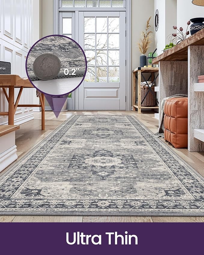 DEXI Hallway Runner Rug 3x7, Distressed Non Slip Runners Carpet, Boho Vintage Soft Thin Indoor Rug, Stain Resistant Washable Entry Mat for Entryway Kitchen Laundry Room Living Room, Blue Grey