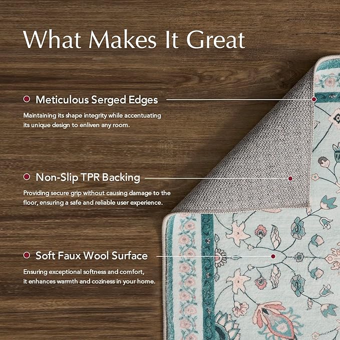EVERGRACE Hallyway Area Runner Rugs 2x10, Boho Floral Faux Wool Indoor Outdoor Rugs, Washable Rugs for Bedroom Dining Room Living Room Kitchen, Low Pile Floor Mat Carpet for Home Decor, Pale Blue