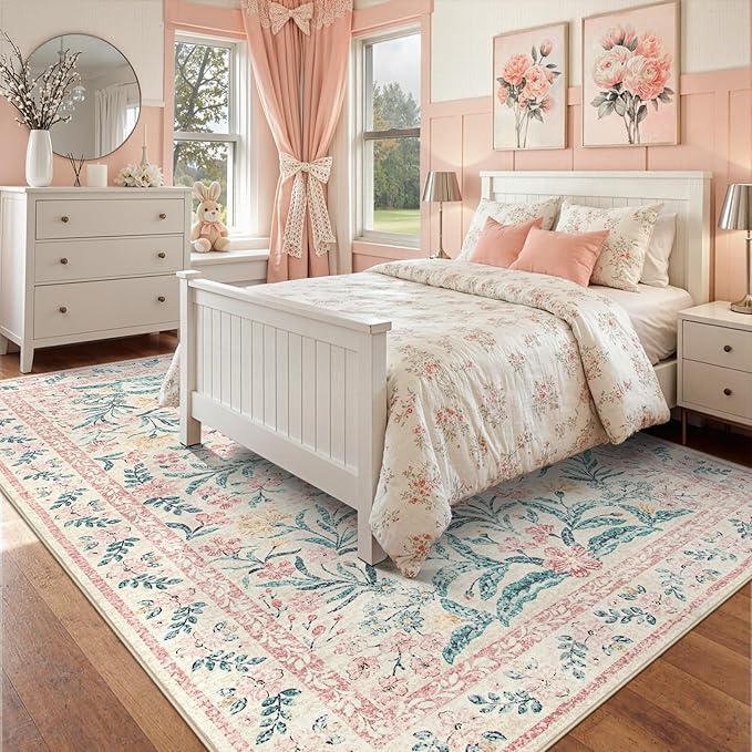 Wonnitar 8x10 Washbale Rugs for Living Room, Boho Pink Room Decor for Girls Bedroom, 8 x 10 Soft Non Slip Low Pile Indoor Floral Carpet for Kids Room Playroom Toddler Nursery