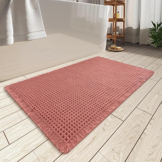 AMOAMI Upgraded Waffle Bath Mat, Super Absorbent Non Slip Bath Mats for Bathroom Floor, Machine Washable Bathroom Rugs with Tassels, Rubber Backed Bathroom Mats, Ultra Soft, 20" x 32", Coral