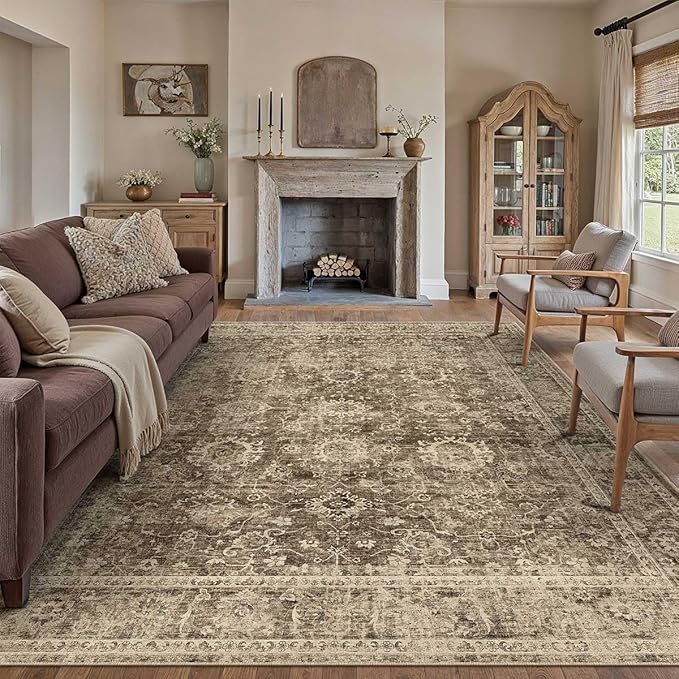 9x12 Brown Vintage Area Rug for Living Room Bedroom Large Distressed Rustic Carpet Non-Slip Low Pile Lightweight Vacuumable Soft Washable Throw Rug for Indoor Dining Room