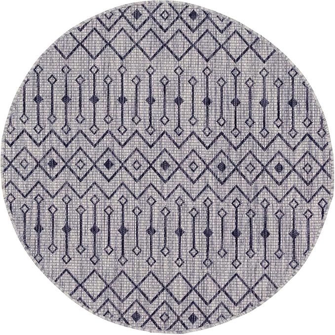 Unique Loom Outdoor Trellis Collection Area Rug - Tribal Trellis (5' 3" Round, Gray/ Black)