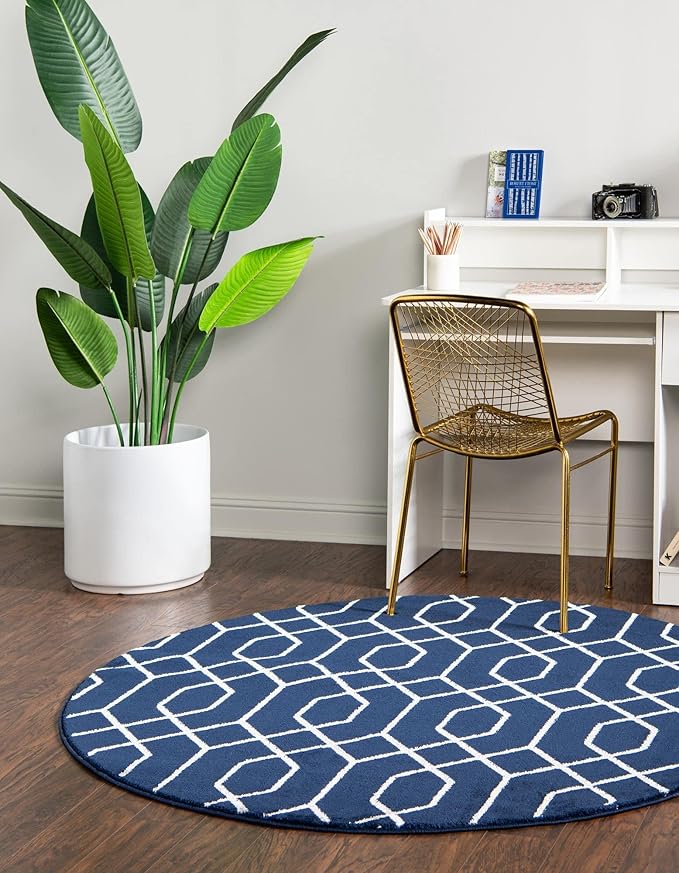 Unique Loom Glam Collection Area Rug - Trellis (5' 3" Round, Navy Blue Silver/ Silver)