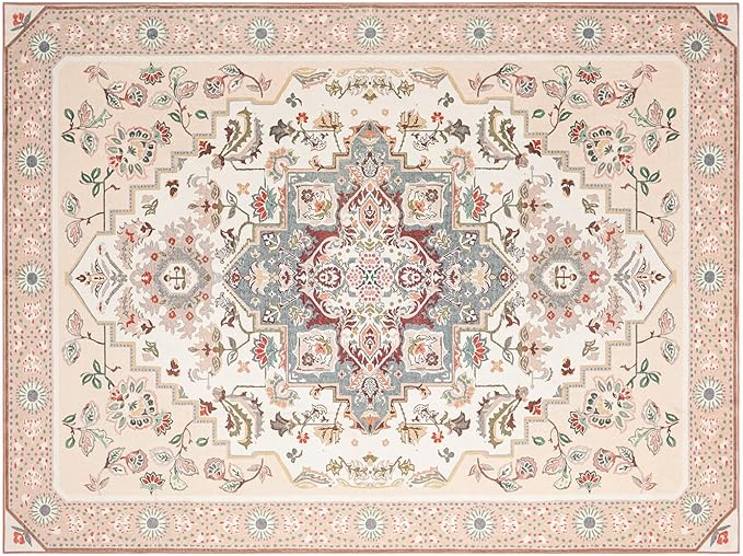 Phantoscope Washable Area Rug 9'x12' Non-Slip, Vintage Boho Rugs for Living Room, Bedroom, Dining Room, Persian Floral Medallion Pattern, Low-Pile Foldable Floor Carpet, Ivory Rose/Fall Bloom