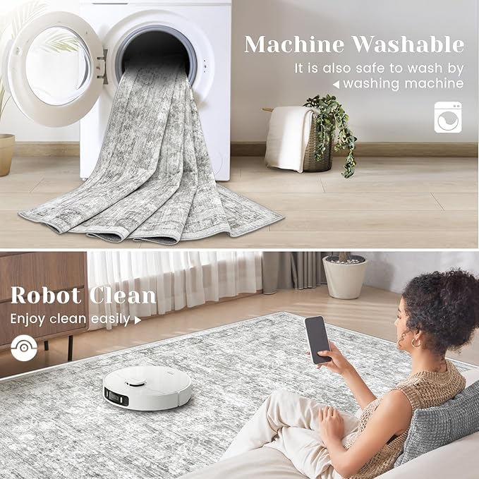 10x14 Area Rugs for Living Room: Washable Large Vintage Floral Rug Low Pile Non-Slip Boho Carpet for Bedroom Dining Home Office (Grey, 10'x14')