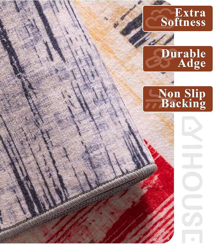 YIHOUSE Cream Retro Rugs 6x9,Blue and Red Vintage Washable Carpets for Living Room,Farmhouse Abstract Area Rug,Unique Checkered Block Rug for Bedroom,Dining Room,Office