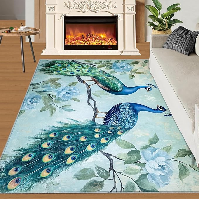 Peacock Rugs for Living Room - 3x4 Rug, Classic Peacock Floral Area Rugs for Bedroom, Teal Turquoise Rug, Modern Style Washable Carpet, Aesthetics Carpet - Peafowl Home Decor & Gifts