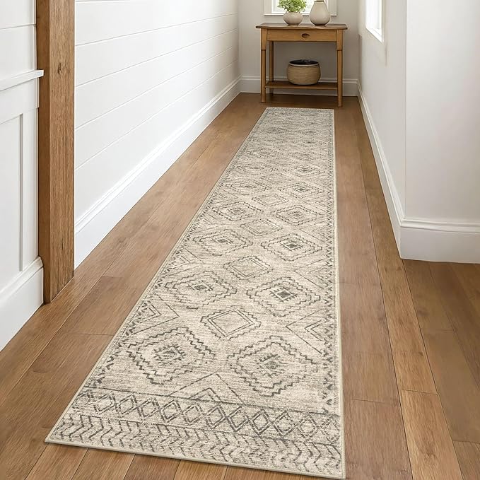 KILOCOCO Hallway Runner Rug 2'x10' Runners for Hallways Washable Runner Rug Non Slip Rubber Backed Low-Pile Runners for Bedroom Kitchen Living Room Laundry Room Boho Rugs, Beige/Gray/Green
