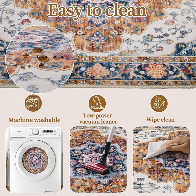 Ciicool 3x5 Area Rug, Washable Boho Rugs for Bedroom Non-Slip Indoor Rugs Large Low-Pile Mat Floor Carpet Vintage Rug for Kitchen Living Room Office Dinning Foyer Decor