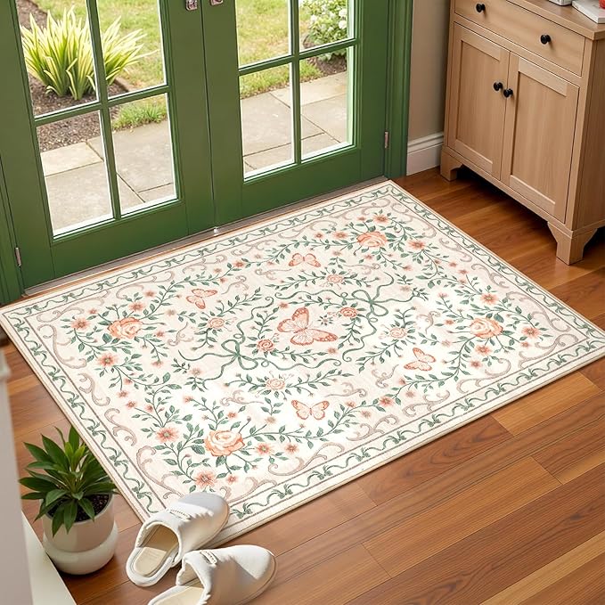 GarveeHome 2x3 Floral Area Rug Non Slip Entryway Mat Low Pile Stain Resistant Butterfly Kitchen Rugs Soft Small Throw Carpet for Dining Room Bedroom Washable Bow Rugs for Living Room Bathroom, 2x3