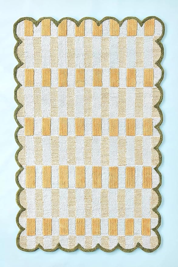 Hand-Tufted Wool Rug with Scalloped Edges, Light Blue Plaid Pattern, Cozy Soft Area Rug for Living Room, Bedroom, and Nursery, Handmade Modern Accent Rug (Blue, 5X7 FEET)