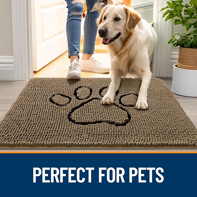 OLANLY Dog Door Mat for Muddy Paws 47x24, Paw Print Design, Absorbs Moisture and Dirt, Absorbent Non-Slip Washable Doormat, Quick Dry Chenille Mud Mat for Dogs, Entry Indoor Entryway Carpet, Tan