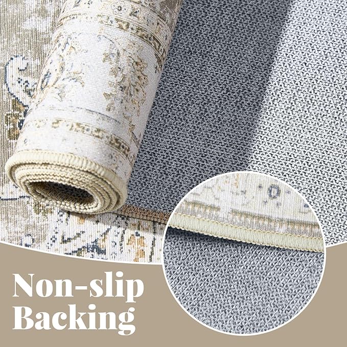 jinchan Fiora Runner Rug 2x6 Machine Washable Hallway Rug Taupe Vintage Floral Print Non-Slip Low Pile Ultra-Thin for Kitchen, Entryway, Laundry Room, Bedroom, Farmhouse (2‘x6’, Taupe)