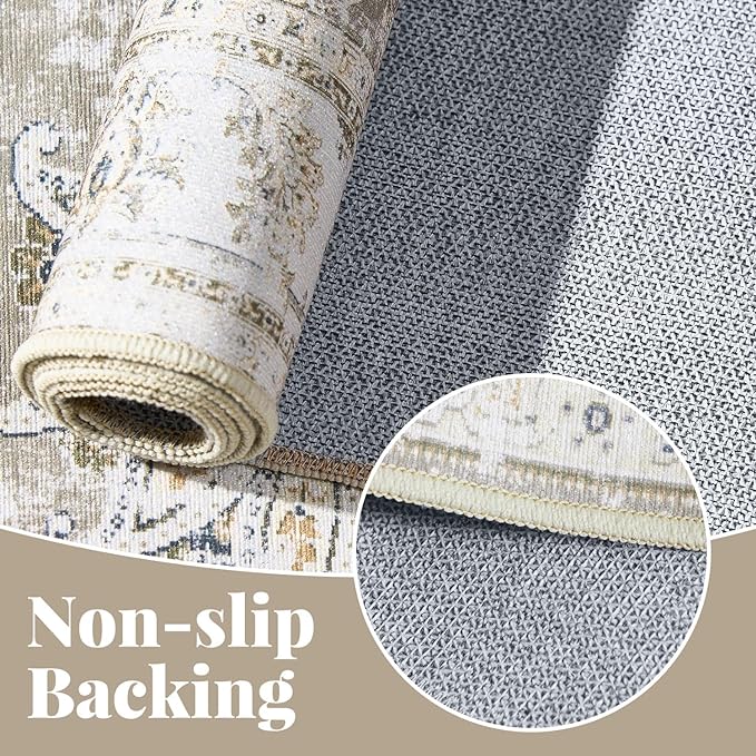 jinchan Fiora Floral 3x5 Area Rug for Entryway - Machine Washable Taupe Vintage Distressed Design Doormat Non-Slip Ultra-Thin Low Pile Boho Rug for Kitchen Living Room Bedroom Farmhouse (3'x5', Taupe)