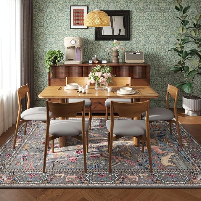 Rugcomf Area Rugs 5x7 Vibrant Tree of Life-Patterned Vintage Washable Area Rug Non Slip Low Pile Large Rugs for Living Room Bedroom Farmhouse Dining Room Kids Playroom, Grey