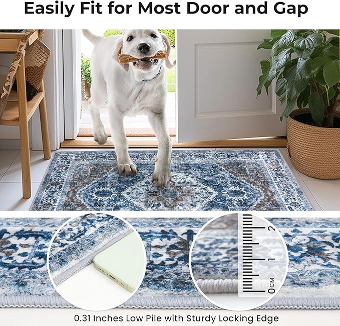 KOZYFLY Runners for Hallways 2.6x8 Ft Washable Kitchen Runner Rug Boho Runner Rug for Entryway Indoor Blue Printed Oriental Faux Wool Floor Carpet Runner for Bedroom Kitchen Hall