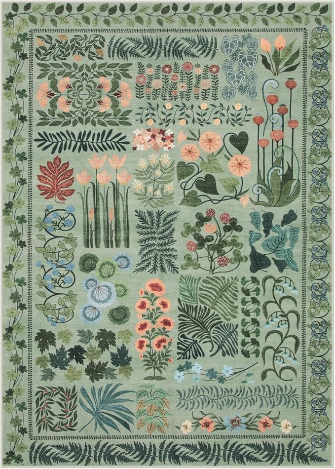 Floral Boho Washable 5x7 Area Rug for Living Room, Green Botanical Rug for Bedroom Dining Room Low Pile Non Slip, No Shed Large Carpet for Home Office Decor