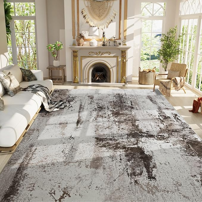 Living Room Rug 9x11 Coffee Area Rugs Machine Washable Abstract Boho Large Rug Non-Slip Non-Shedding Faux Wool Indoor Vintage Carpet for Bedroom, Classroom, Dining Room, Kids Playroom