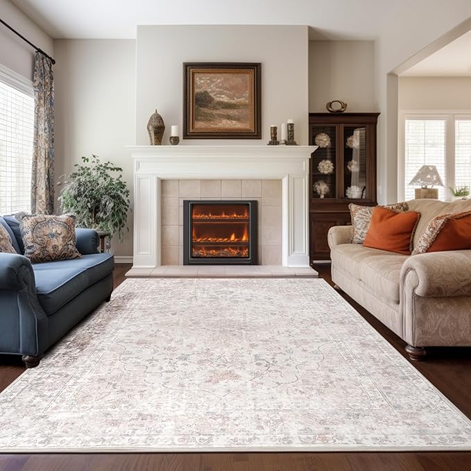 Area Rug – 6x9 Washable Ultra-Soft Vintage Boho Faux Wool Carpet for Living Room, Dining Room, Bedroom, Home Office (Beige)