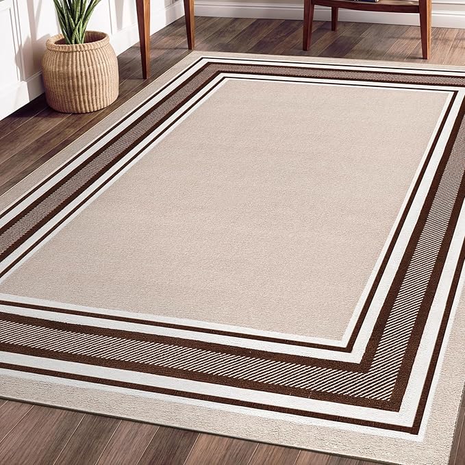 Beverly Rug Non Slip Area Rugs 3x5 Modern Bordered Non Skid Rubber Backing Soft Area Rug for Living Dining Room Easy to Clean Non Shedding Kitchen Bedroom Indoor Carpet 3 x 5 Beige-Brown
