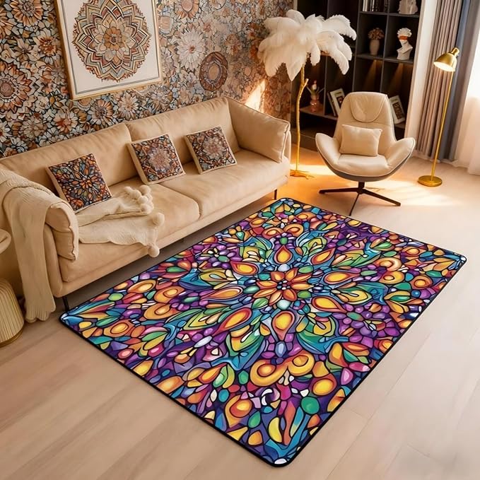 Vintage Mandala Large Area Rug 5x7 Bohemian Style Watercolor Flowers Living Room Rug | Boho Floral Rugs for Bedroom, Victorian Decor Antique Damask Carpet Indoor Floor Mat